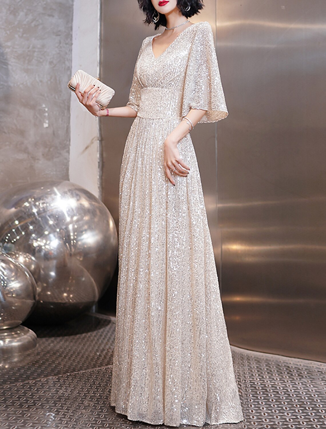 A-Line Party Dress Sparkle Elegant Engagement Prom Dress V Neck Half Sleeve Floor Length Sequined with Pleats Sequin